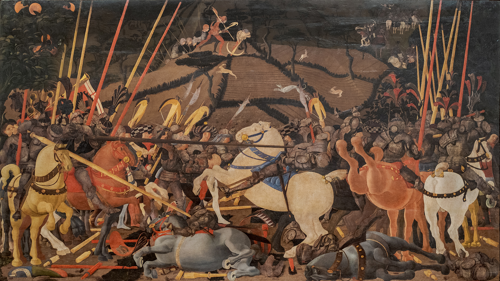 Painting of a battle scene with many men and horses