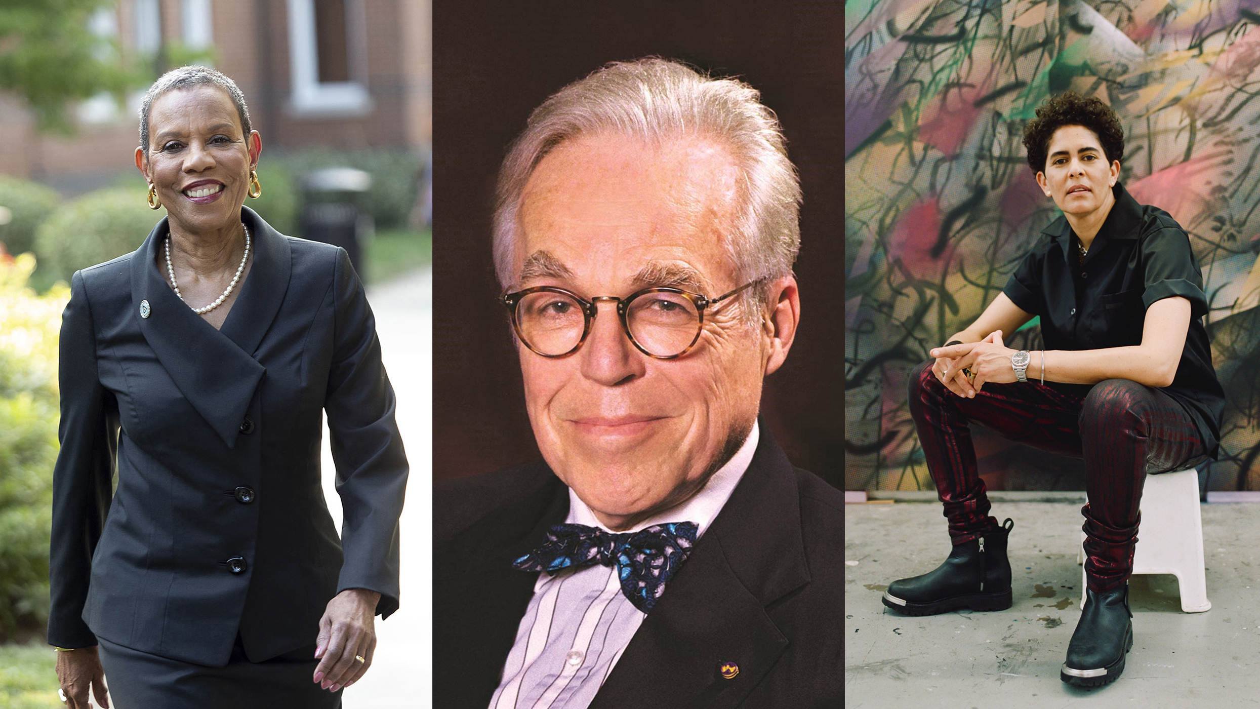 Collaged image consisting of three portrait photographs of Mary Schmidt Campbell, John Guare, and Julie Mehretu