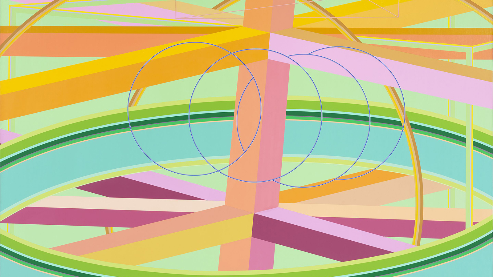 Multicolored abstract painting that resembles spinning wheel and gears