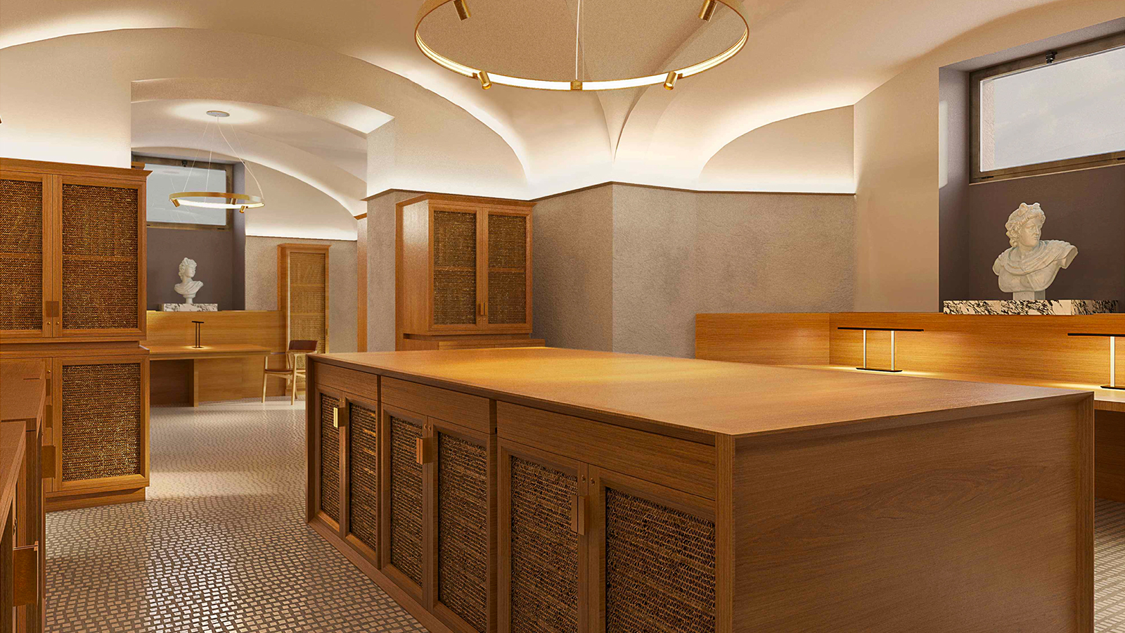 Architectural rendering of the inside of a library, with low and tall closed shelves for books and a couple of roman sculptural busts