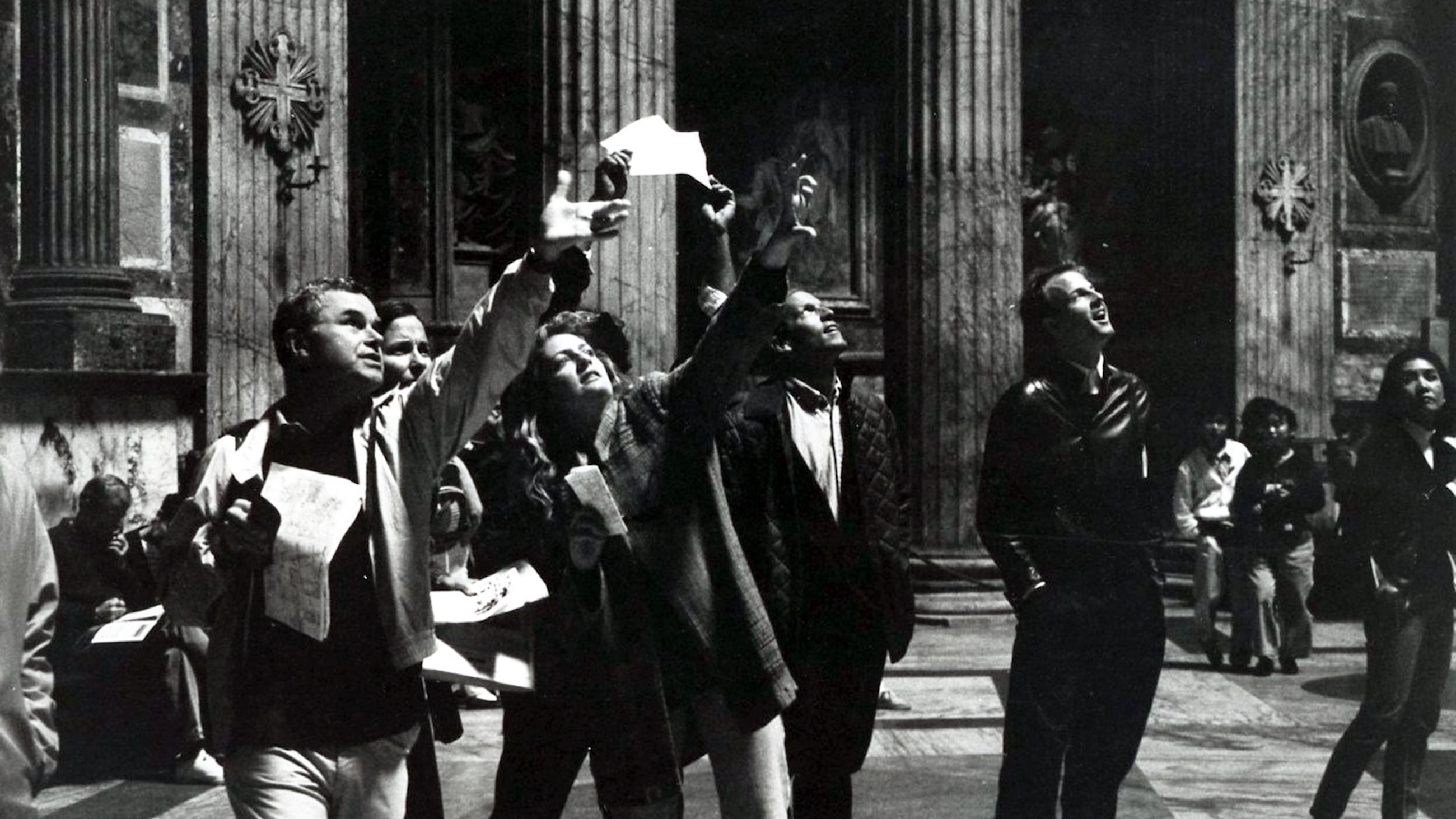 Michael C. J. Putnam (left) led an Academy group on a visit to the Pantheon as Andrew W. Mellon Professor-in-Charge of the School of Classical Studies, ca. 1990–91