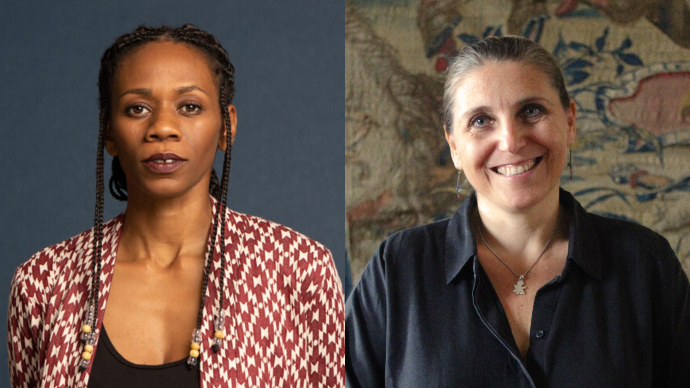 Two color portrait photographs side by side: a dark skinned woman on the left and a light skinned woman on the right