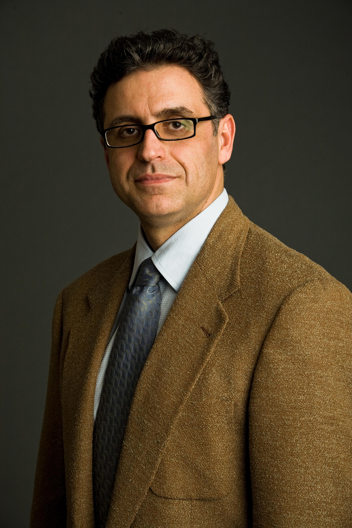 Hisham M. Bizri Color photograph of the head and torso of an olive skinned man in a photographer's studio wearing a suit and tie and smiling at the camera