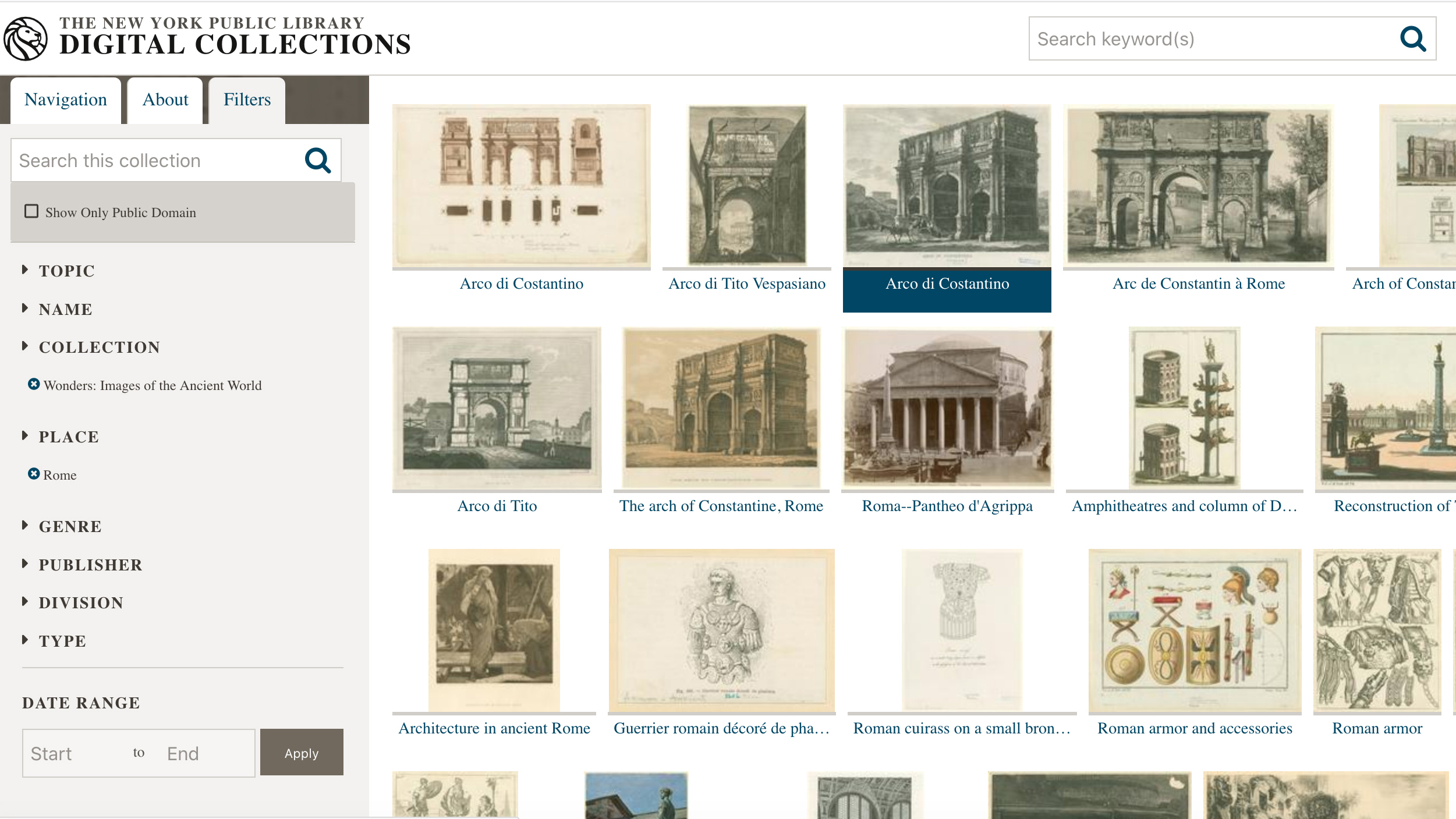 Screen capture of the New York Public Library database, Wonders: Images of the Ancient World, showing thumbnail images of digizited two-dimensional graphics