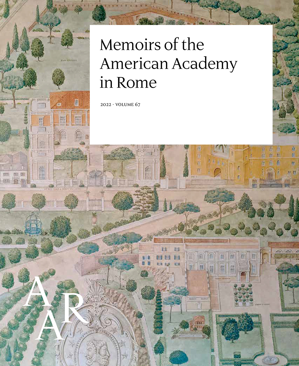 Memoirs of the American Academy in Rome volume 67 Cover of a journal volume with the publication's title and volume number, Memoirs of the American Academy in Rome 67, printed in a white rectangle that is positioned over a color photograph of a painted wall mural depicting a bird's eye view of the AAR campus in Rome