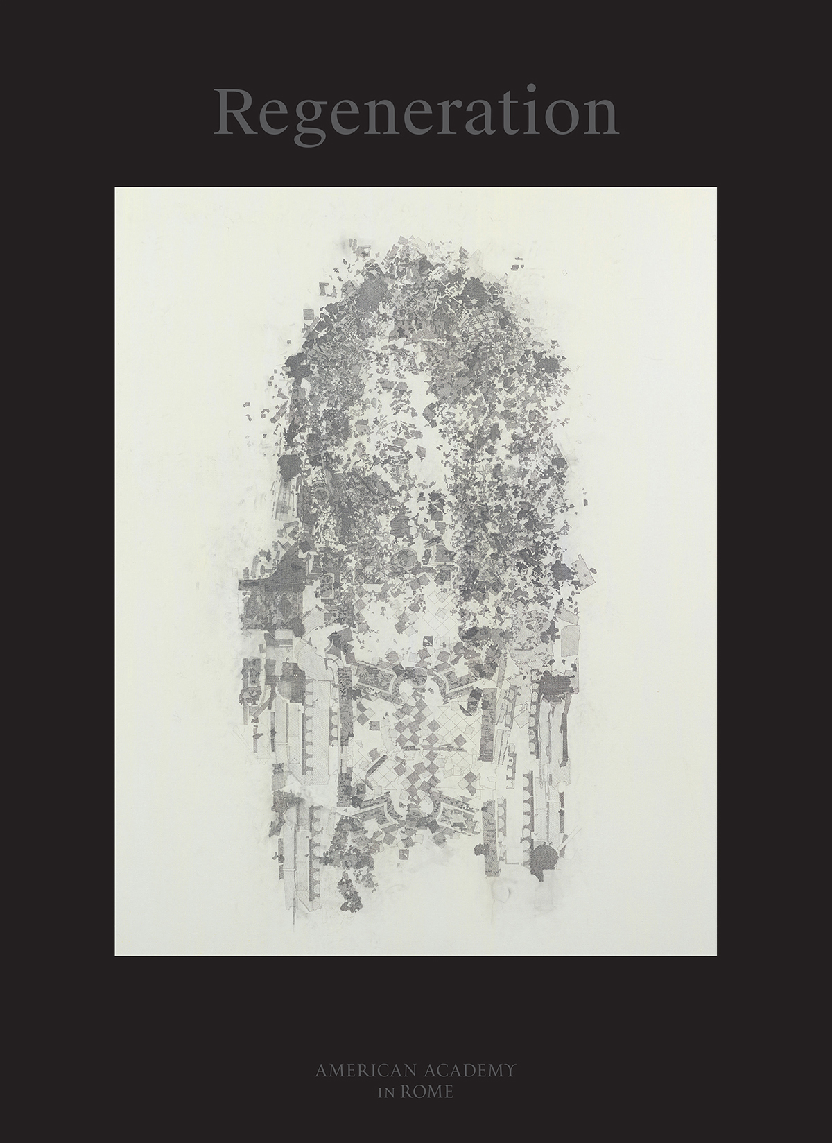 The cover of the exhibition brochure for Regeneration, showing an abstract mixed-media drawing/painting by Guillermo Kuitca surrounded by a thick dark brown border area