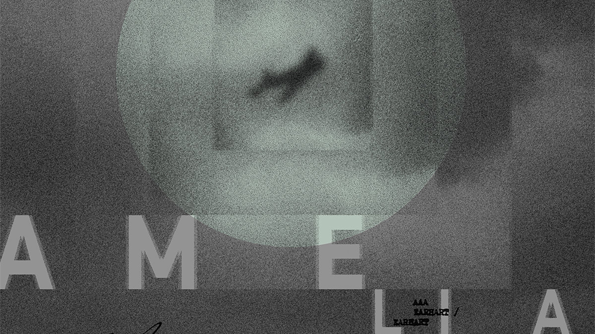 Detail of an abstract album cover in soft grays and greens, with the letters AMELIA toward the bottom of the image