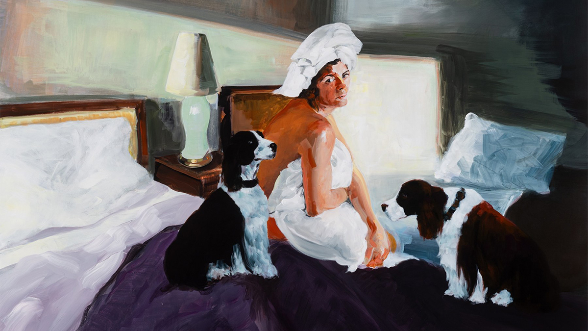 Color photo of a realistic painting of a woman sitting on a hotel bed with two dogs, wearing a towel around her head
