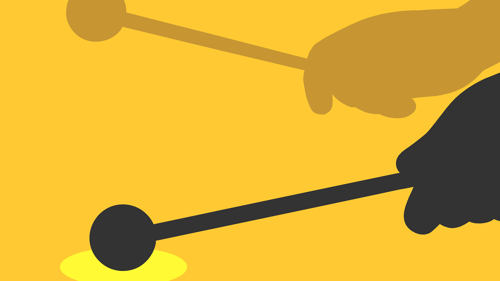 Digital illustration in yellow and gray showing hands holding and striking with a drum mallet