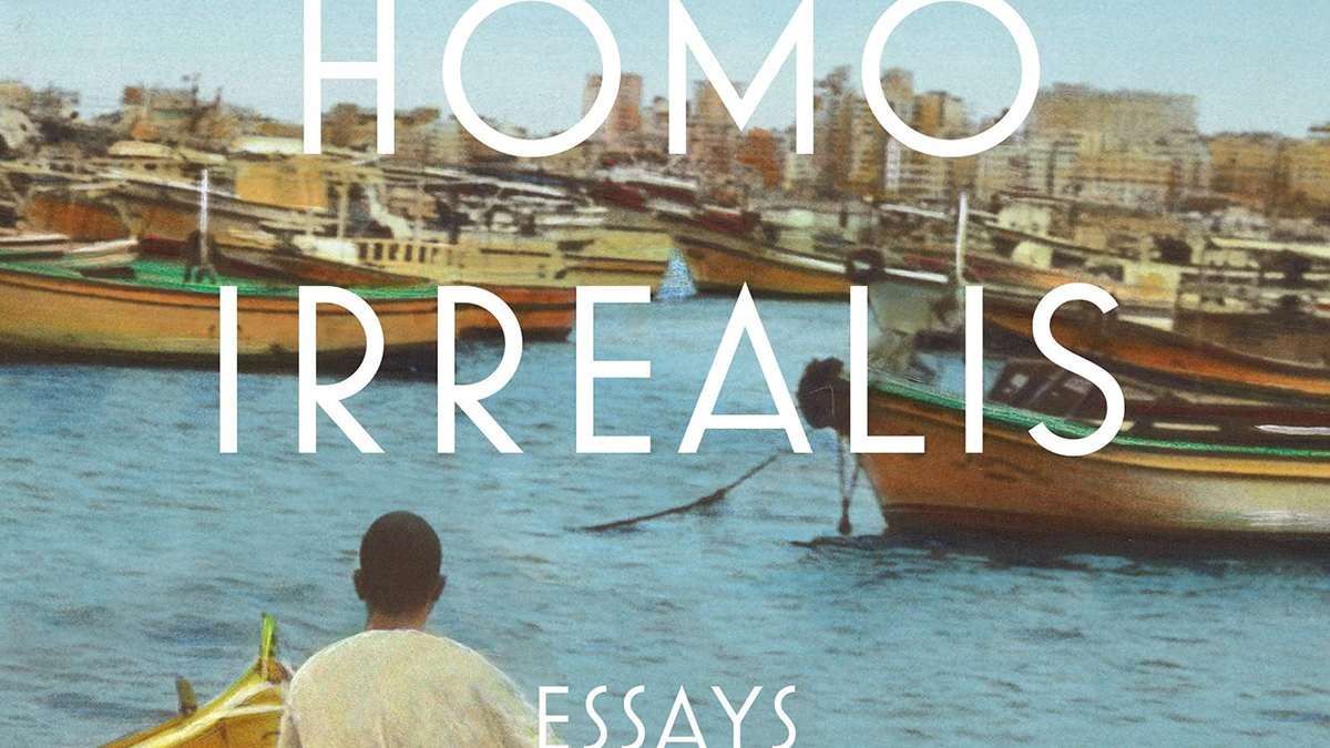 Detail of the over of the André Aciman book of essays Homo Irrealis, which depicts the back of a young dark skinned person with close-cropped dark hair rowing a small boat toward a marina with numerous docked boats, with multistory apartment buildings in the distance behind the marina