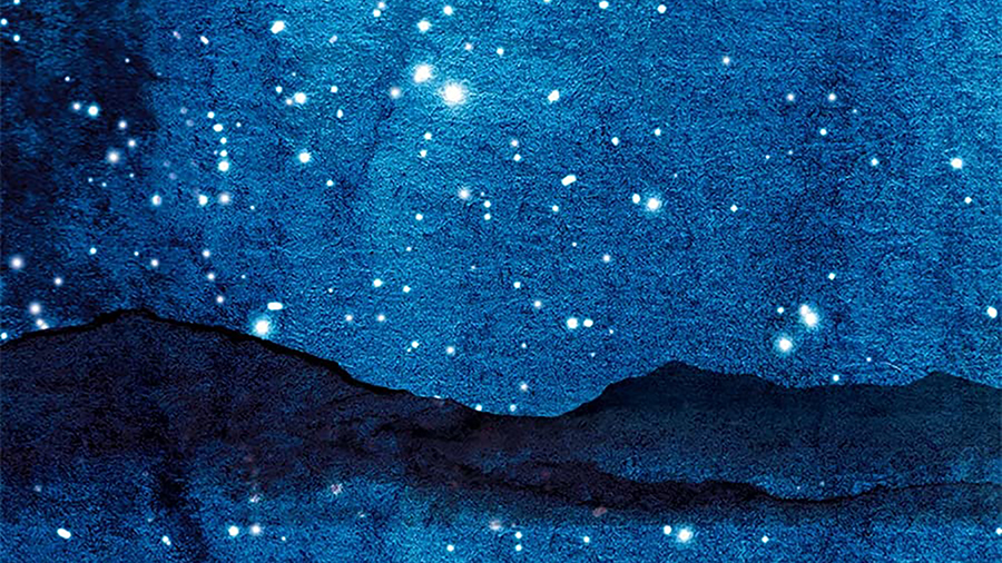 Detail of cover of Brad Kessler's novel North depicting a painterly blue night sky with stars set against distant mountains