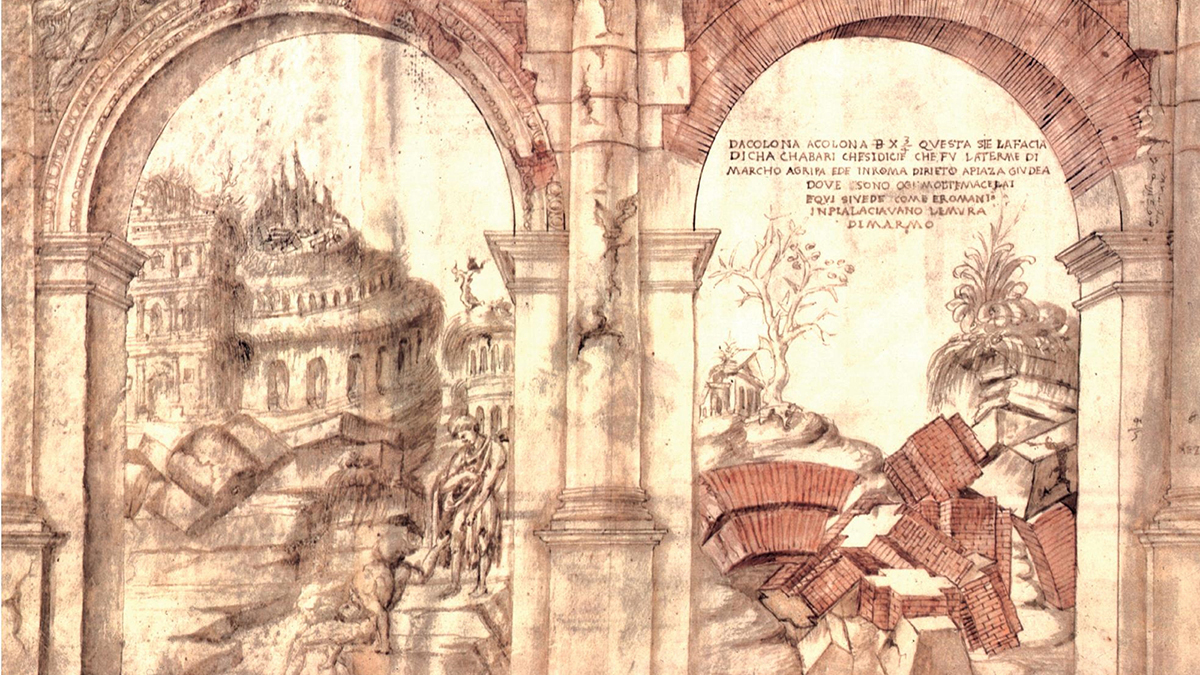 Detail of the cover of the Cammy Brothers book &quot;Giuliano da Sangallo and the Ruins of Rome&quot; showing a drawing of ancient Roman ruins through the open arches of a building
