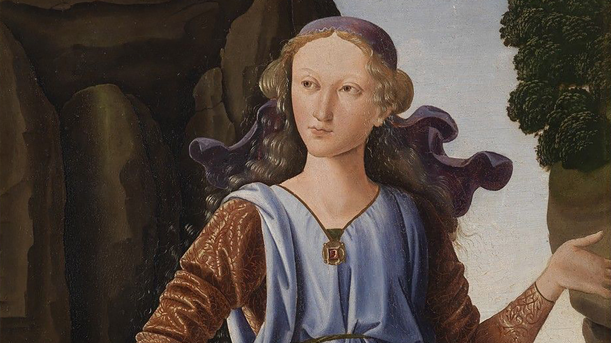 Detail of a Renaissance painting of the head and torso of a woman