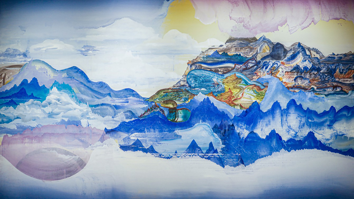 Color reproduction of a painting showing an abstracted mountain scene predominantly in blues and whites