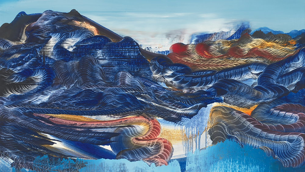Detail of oil painting on linen that depicts a mountain range and clouds in sweeping, abstract shades of blue