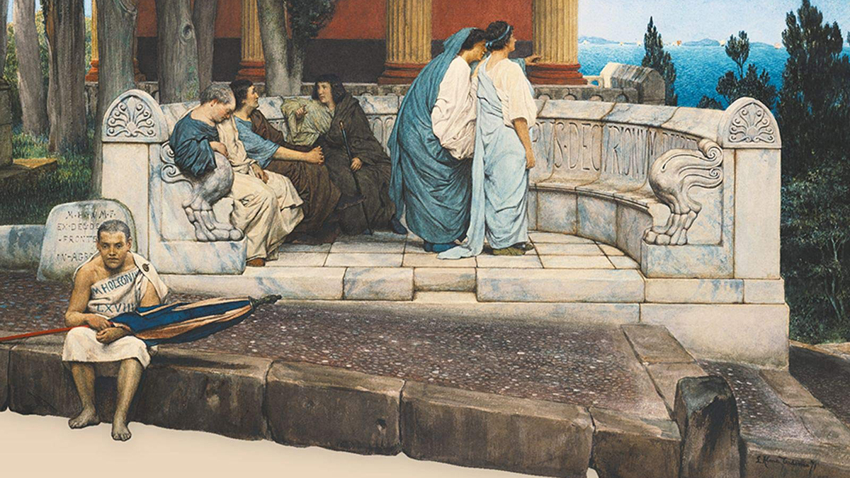 Detail of a neoclassical painting on the cover of Allison Emmerson's book &quot;Life and Death in a Roman Suburb&quot; depicting seated and standing people in togas conversing near or on a semicircular stone bench; in the foreground a man sits on a stone curb holding an umbrella or flag on his lap