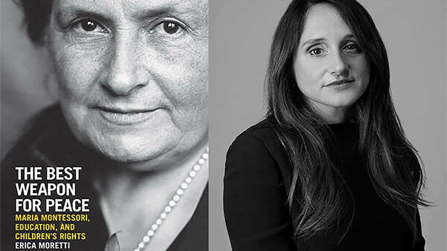 Side by side black and white photos of the head and torso of a light skinned woman with dark hair, and the cover of her book