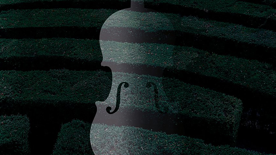 Graphic element for the Veneto Contemporanea festival with a bluish tint, superimposing the shape and outline of a violin against concentrically planted shrubbery