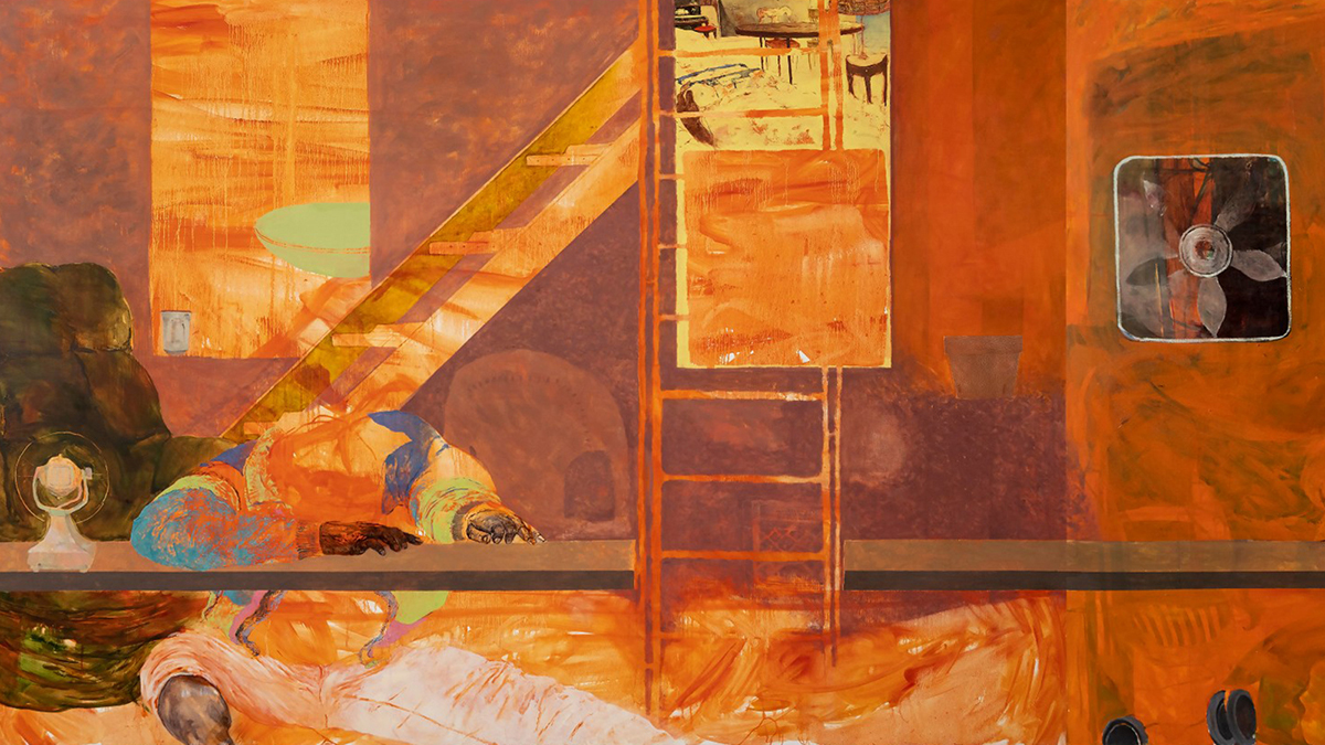 Cropped photo of the Jennifer Packer painting &quot;Fire Next Time,&quot; which depicts a black man sitting with his head on the table, surrounded by a staircase, two fans, and an easy chair, in largely oranges, yellows, and ocre