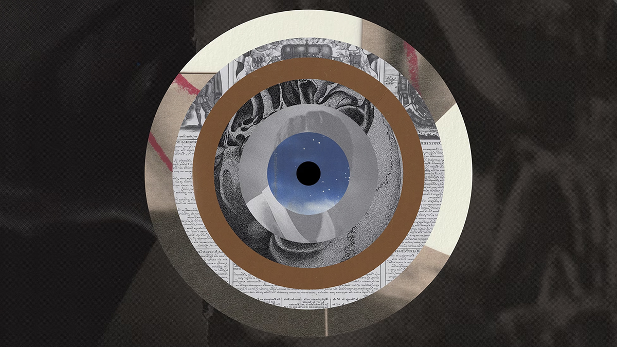 Graphic design illustration of concentric circles, each with a cut out collage