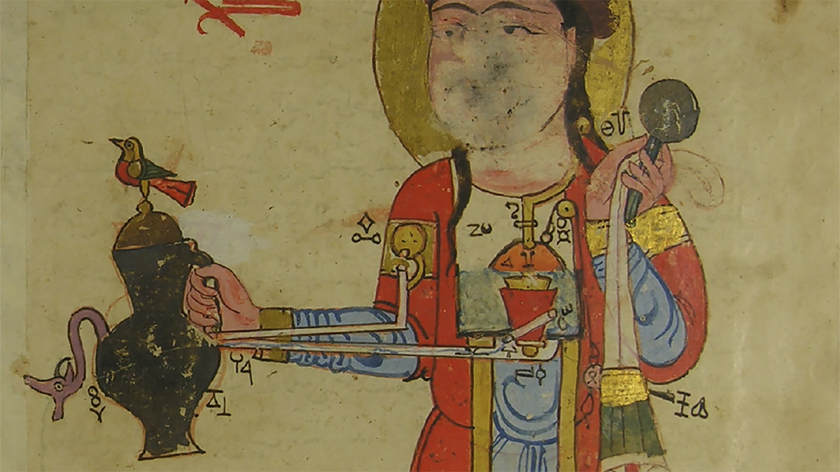 Digital scan of a ca. 1200 Arabic manuscript containing a drawing of a man with a mechanized device around his midsection