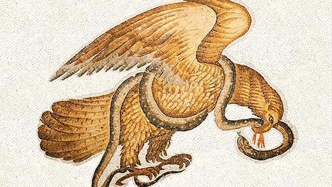 Color photograph of an ancient Roman mosaic depicting a snake wrapped around a large bird