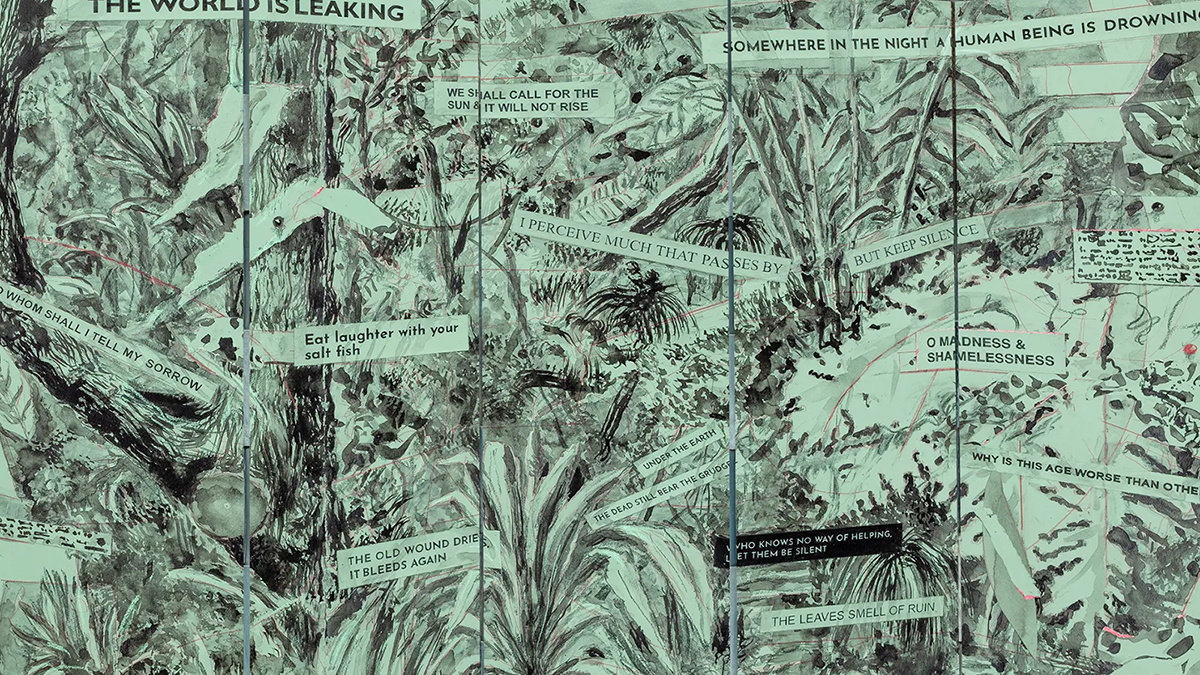 Color photograph of a detail of a folding screen artwork with strips of English phrases collaged onto a forest background