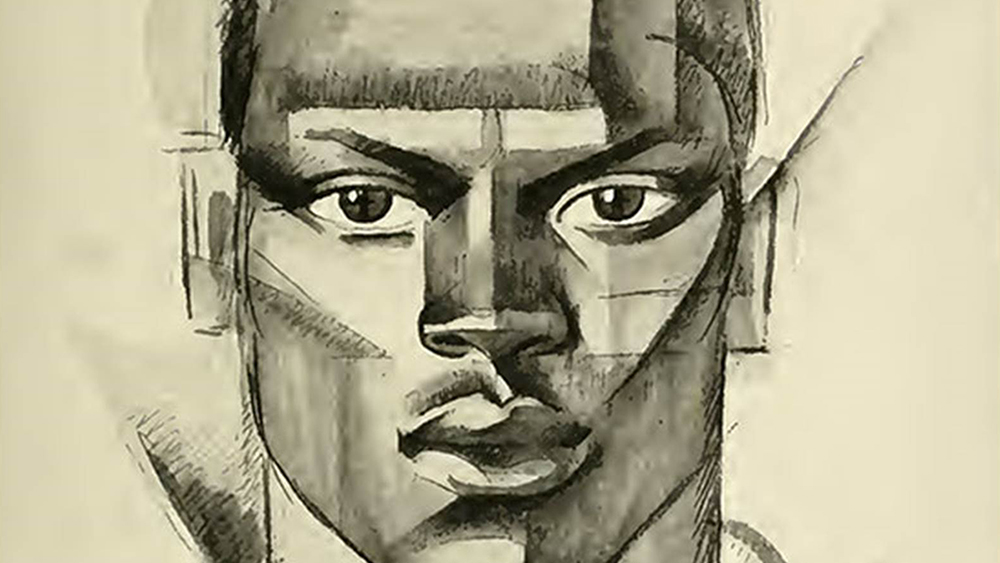 Detail of a drawing of a black man's face in a cubist style