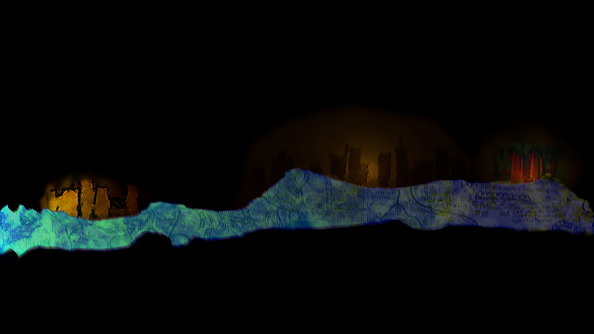 Detail of album cover showing a wavy strip of blue and aqua against a dark background