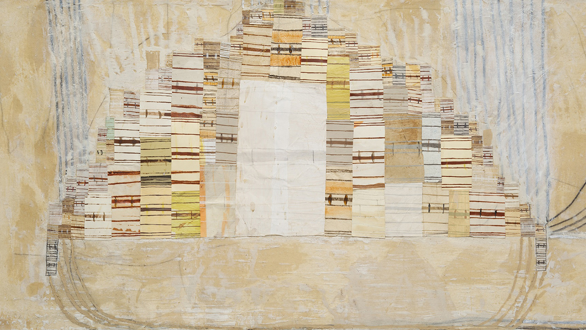 Abstract artwork of a hut with a door composed of pencil, gouache, ink, beeswax on paper on canvas