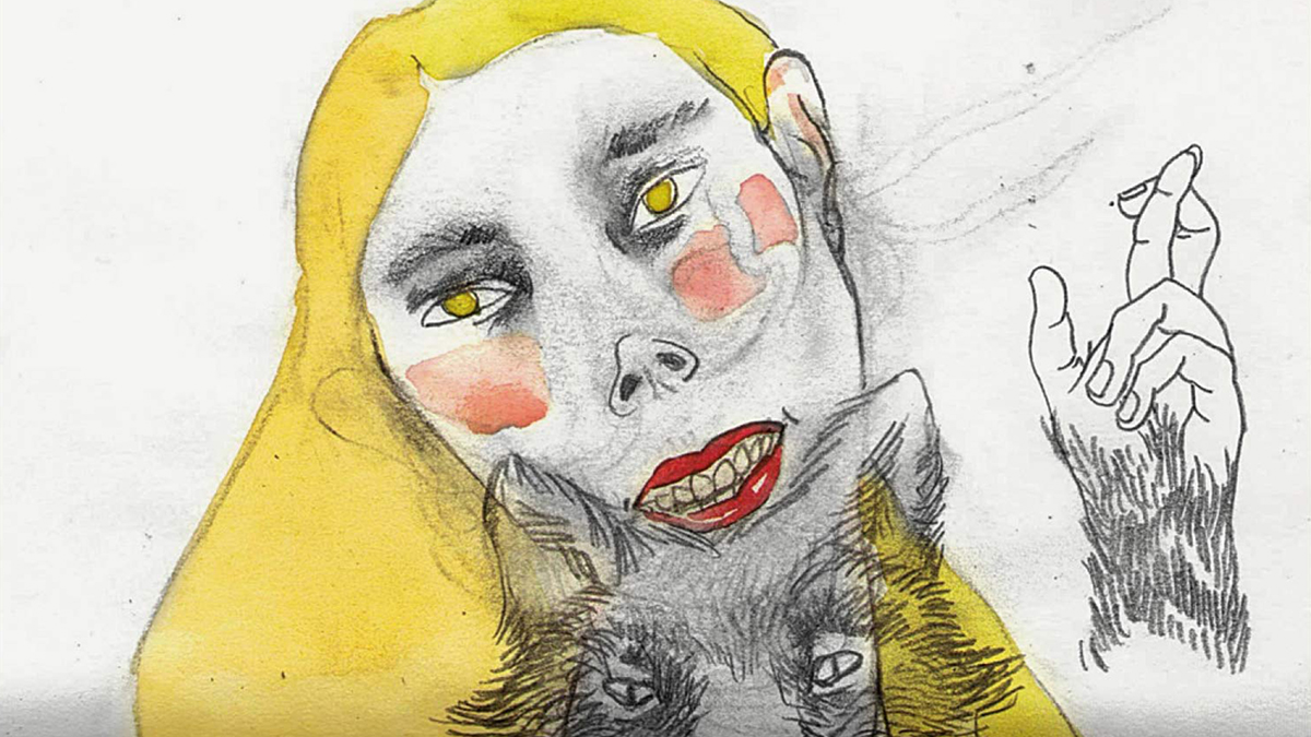 Detail of the cover of Valzhyna Mort's poetry book showing a drawing of a young woman with blond hair holding a wolf; her left hand is raised with her fingers crossed in a lucky sign