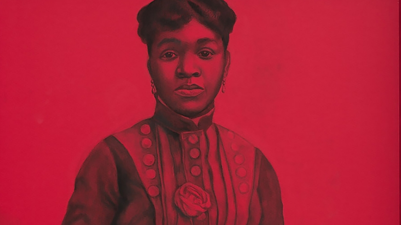 Detail of a Conté drawing on red paper depicting the head and torse of a dark skinned woman in nineteenth-century clothes looking straight at the viewer