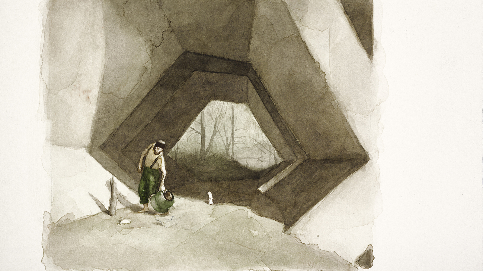 Monochromatic drawing of a man in a large concrete culvert