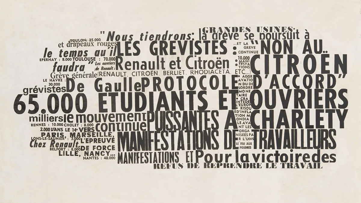 Collage of various words and phrases in French, cut out from a printed source