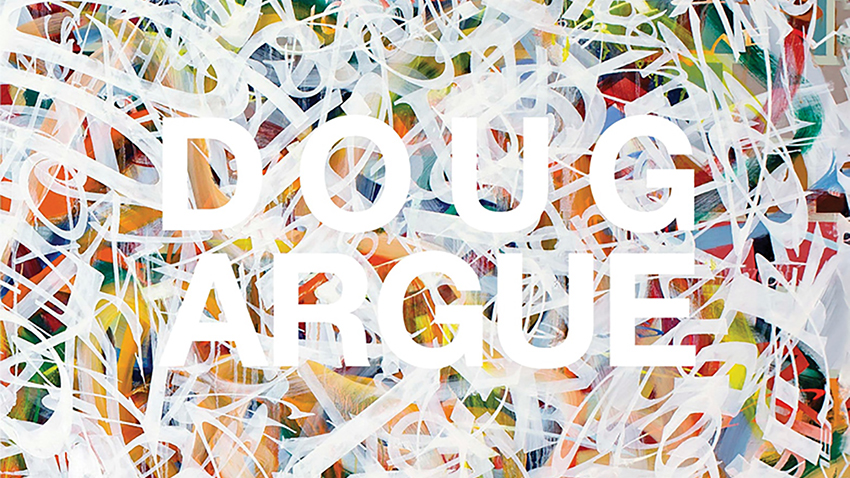 Detail of the cover of the Doug Argue book featuring the artist's name in white letters superimposed on a colorful abstract painting
