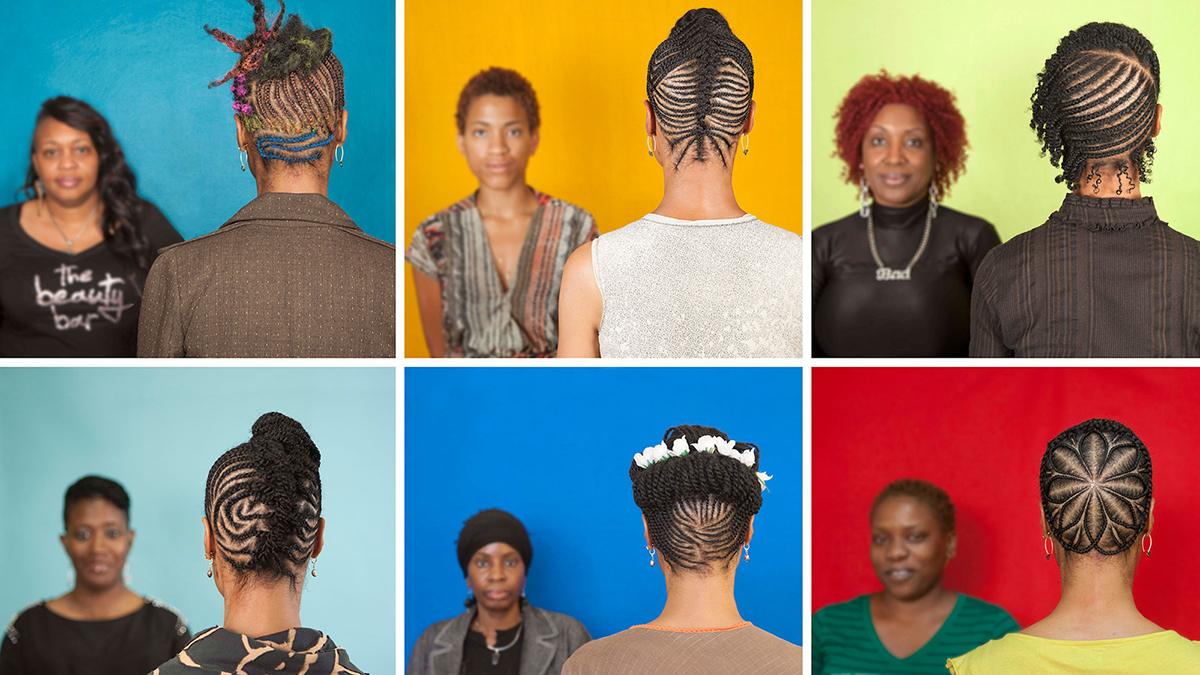 Digital collage of six square photographs, each with two dark skinned women against single color backgrounds, one facing to the camera and the other showing the hairstyle from the back