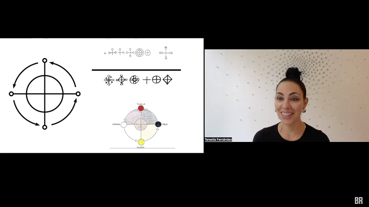 Screen shot of a Zoom screen with a diagrammatic artwork on the left and a woman speaking on the right