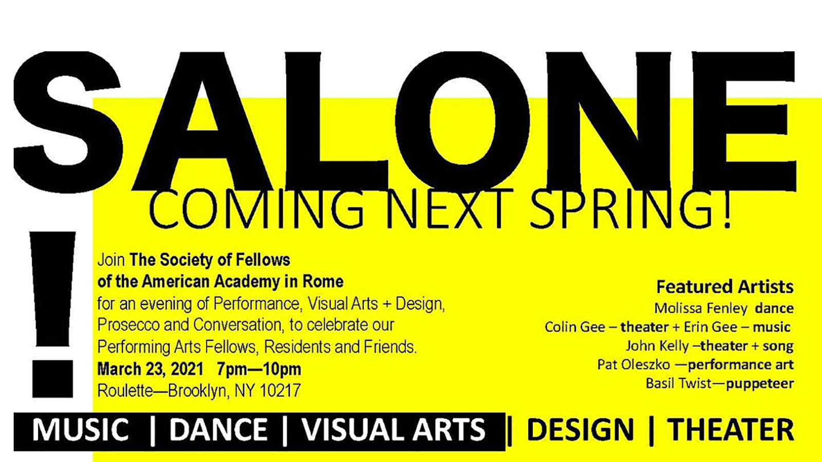 Graphic image for the Society of Fellows event SALONE! featuring the names of performers, date, location, ticket information, and more