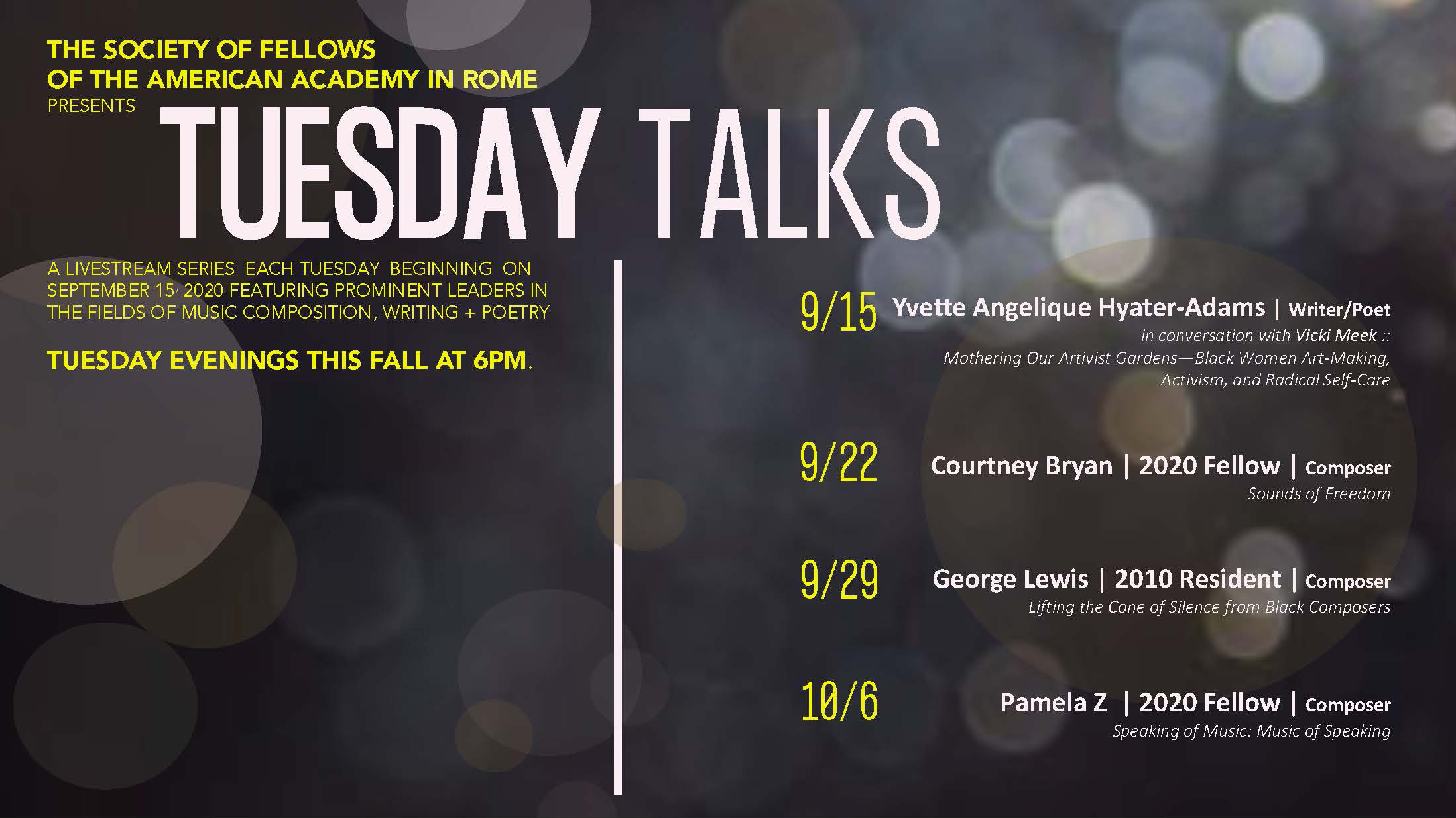 Graphic element for the Society of Fellows series Tuesday Talks, listing the names of participants, dates, and more