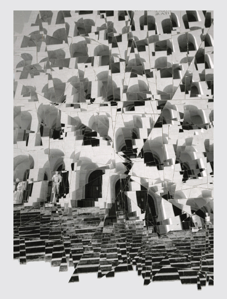 Collaged black and white photo of the Quadrato building in Rome
