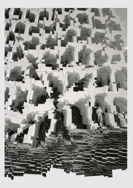 collaged black and white photos of the Quadrato building in Rome